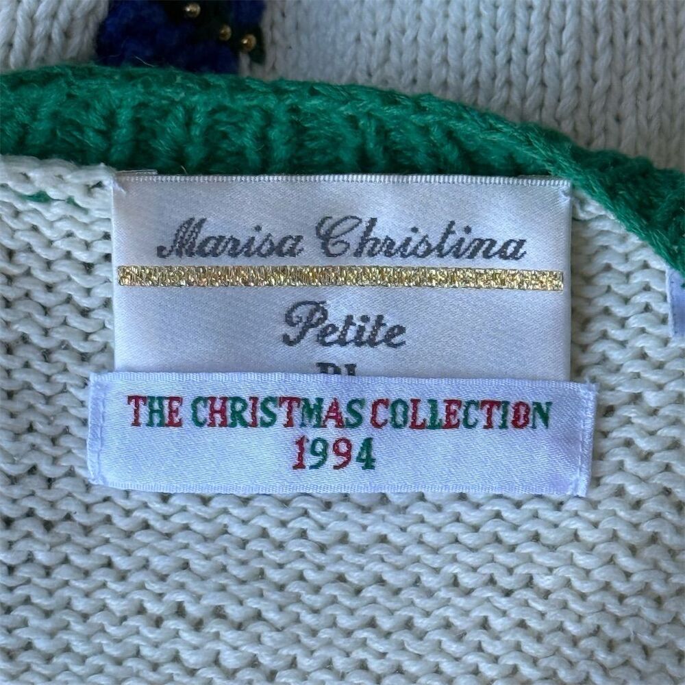 VTG 1994 Marisa Christina Christmas Ugly Sweater Cardigan Petite PL Grannycore - Picture 6 of 7